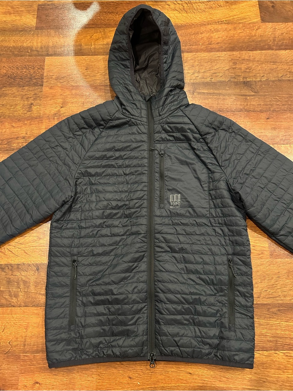 Topo Designs Puffer Hoodie Zip Pockets Mens Small Navy Full Zip Winter Jacket